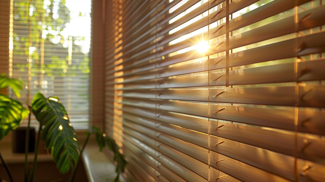 The sun shining through a set of wooden blinds at Mr. K's Fabric Shop near Quincy, IL