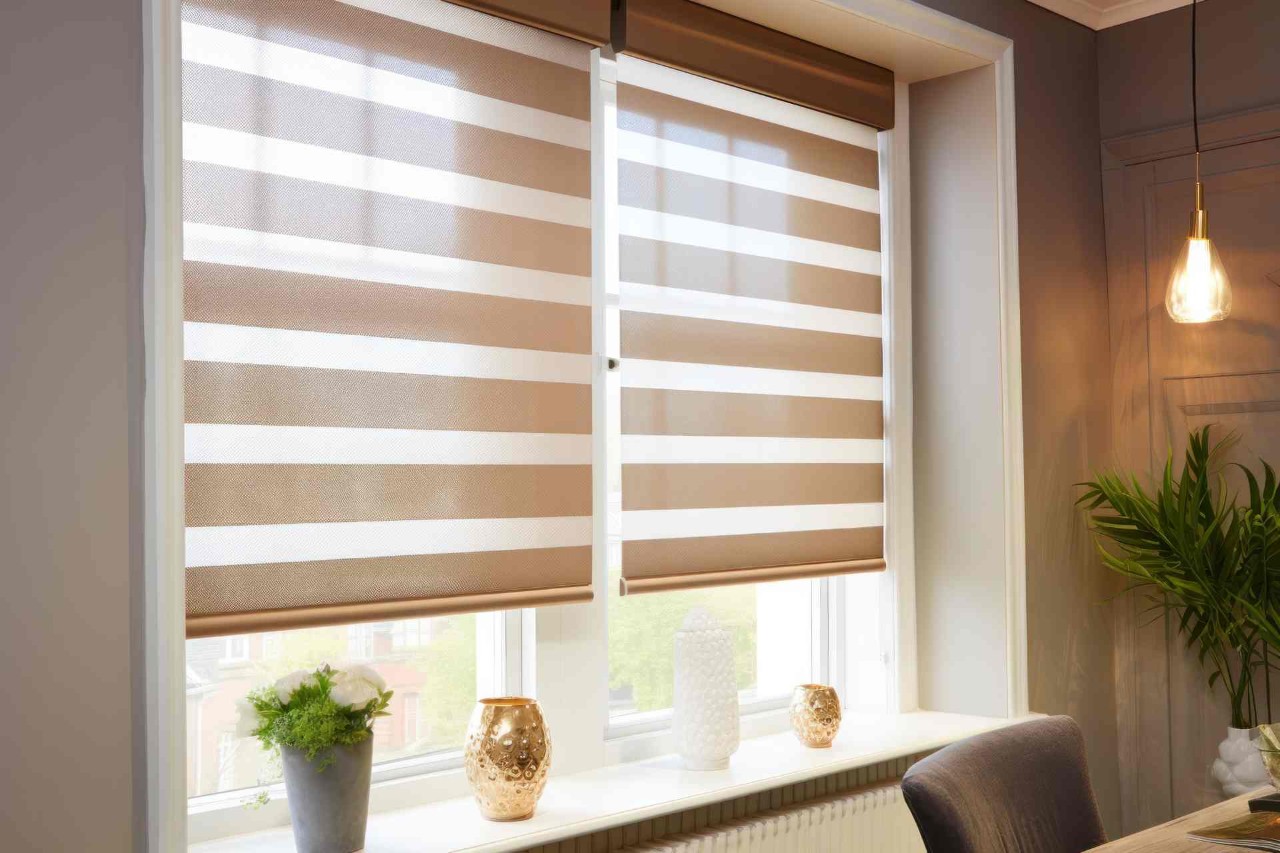 Banded roller shades in an elegant dining room space at Mr. K's Fabric Shop near Quincy, IL