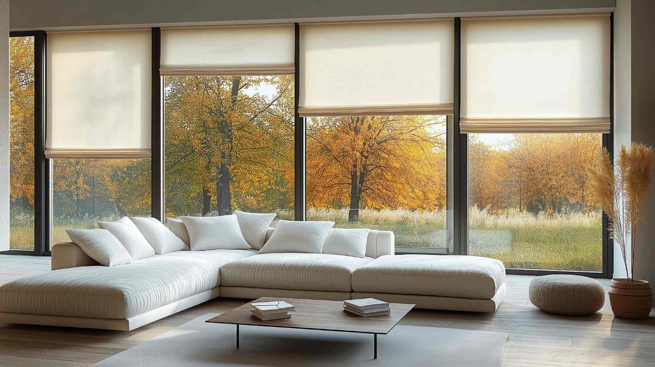 Light tan Roman shades in a living room at Mr. K's Fabric Shop near Quincy, IL