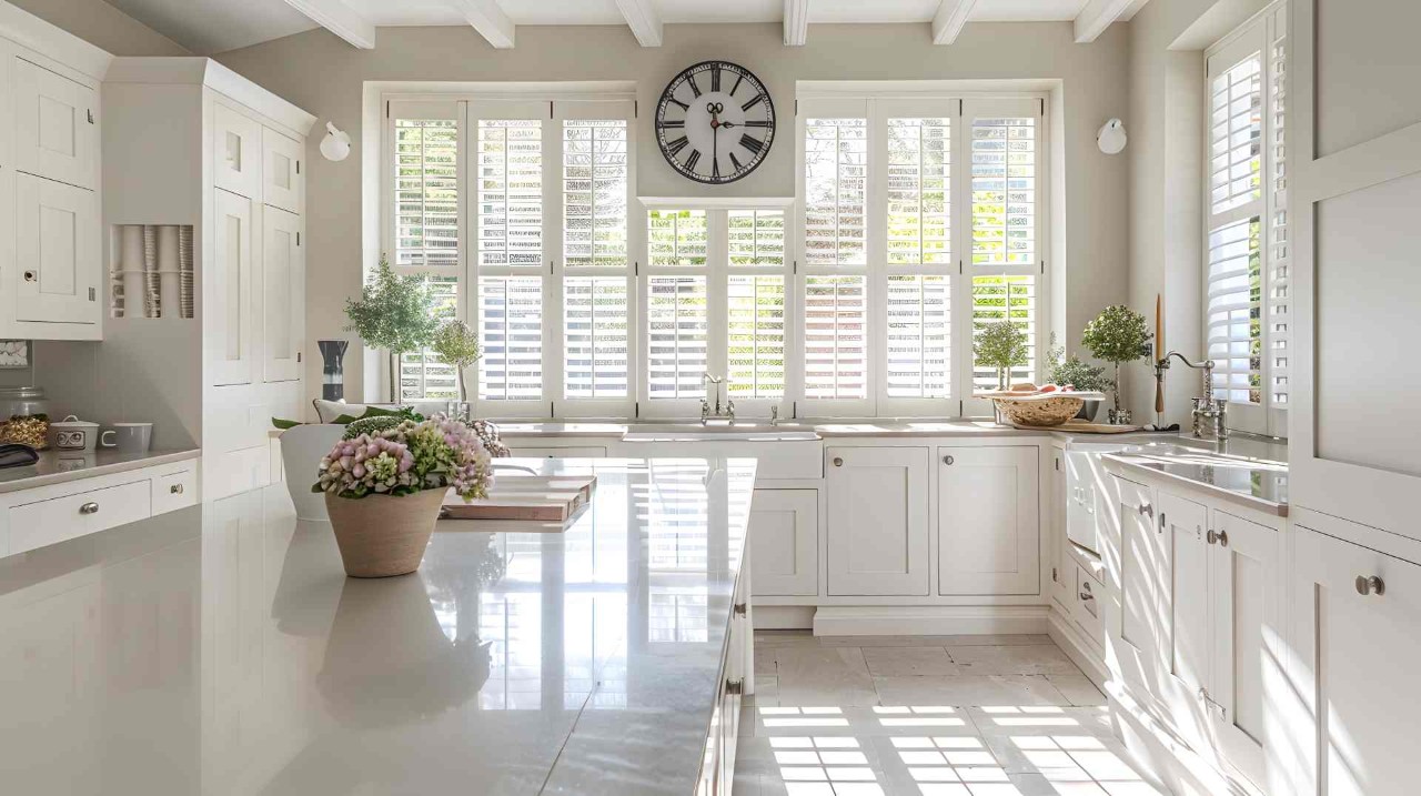 A large kitchen with interior shutters on each window